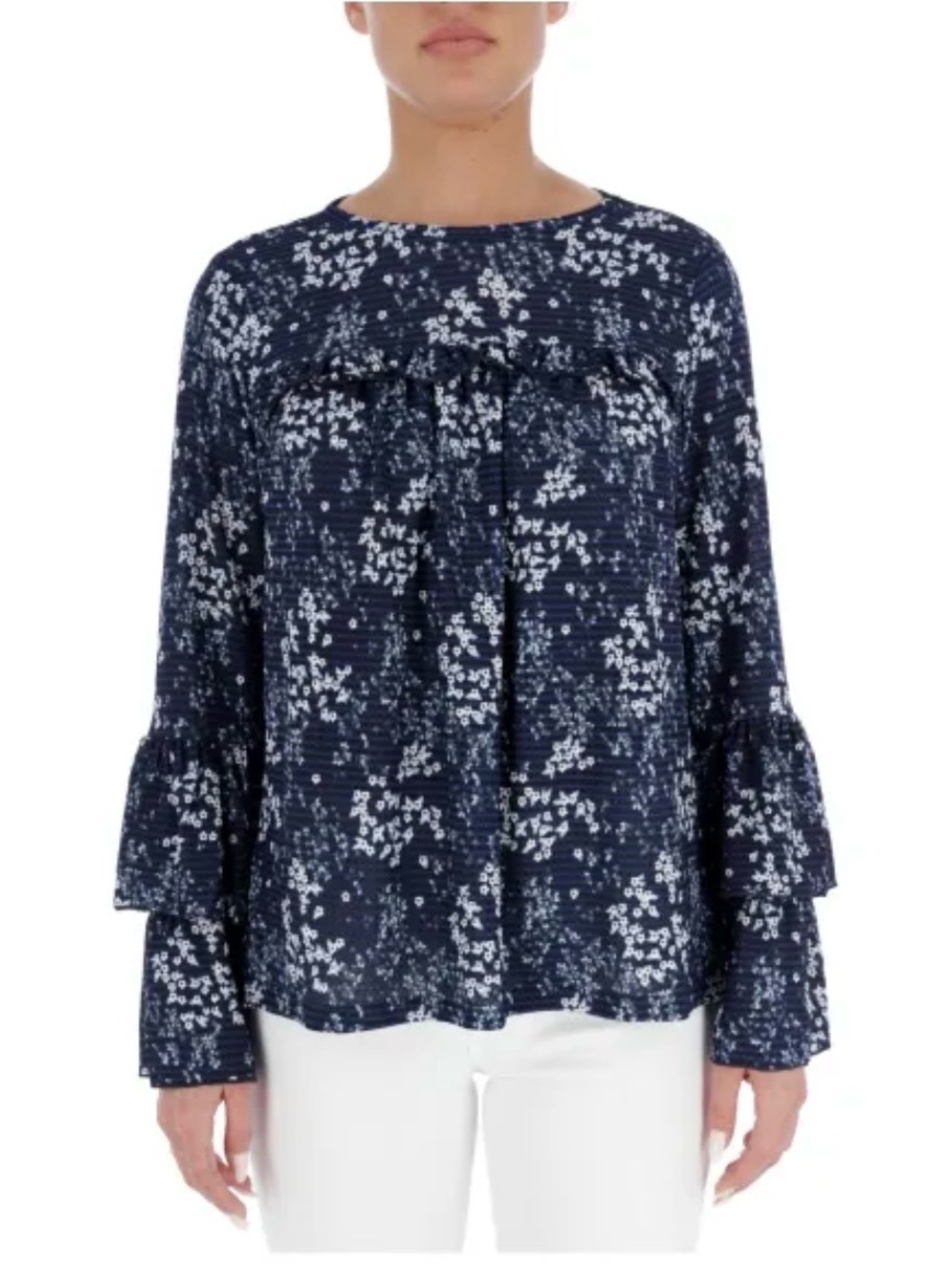 Michael Kors Navy Floral Ruffle-Sleeve Blouse